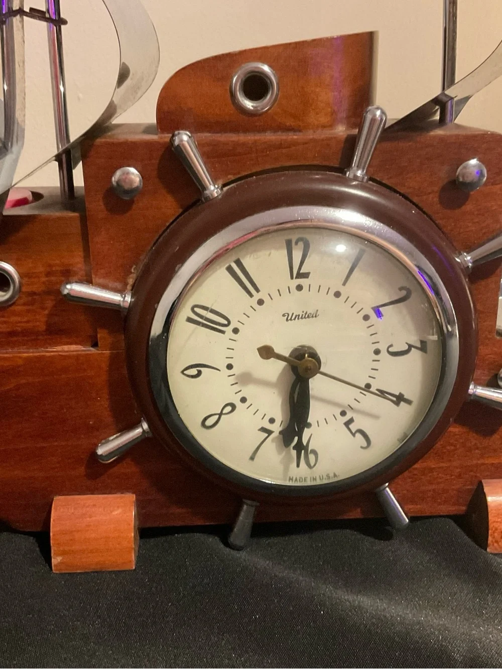 Wooden Ship Clock Wall Decor in Brown and Silver